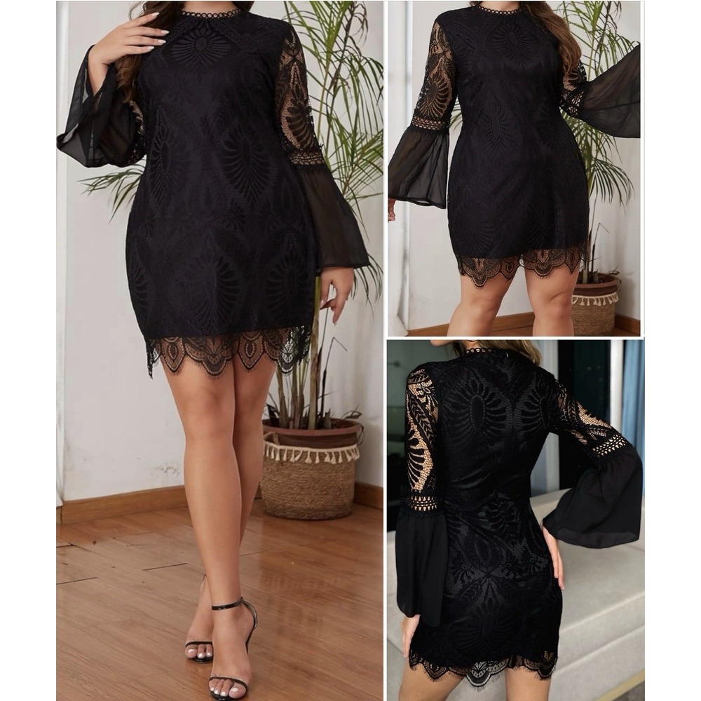 Eilly Bazar Dress Lace Black Overlay Zip Back Bell Sleeve Size Large